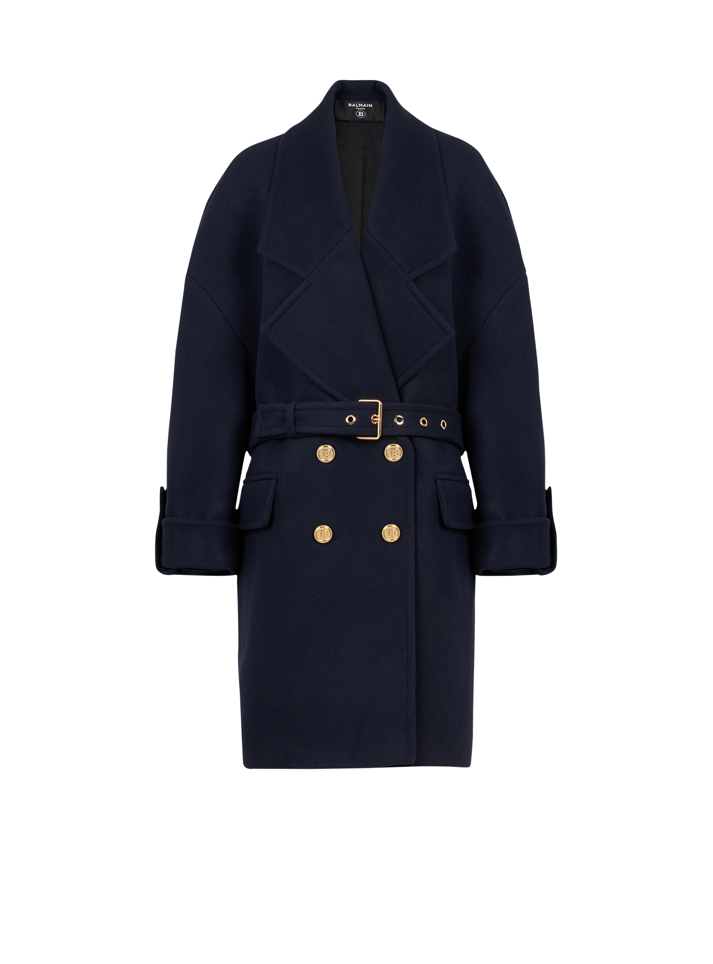 Wool and cashmere pea coat with double-breasted gold-tone buttoned fastening, navy