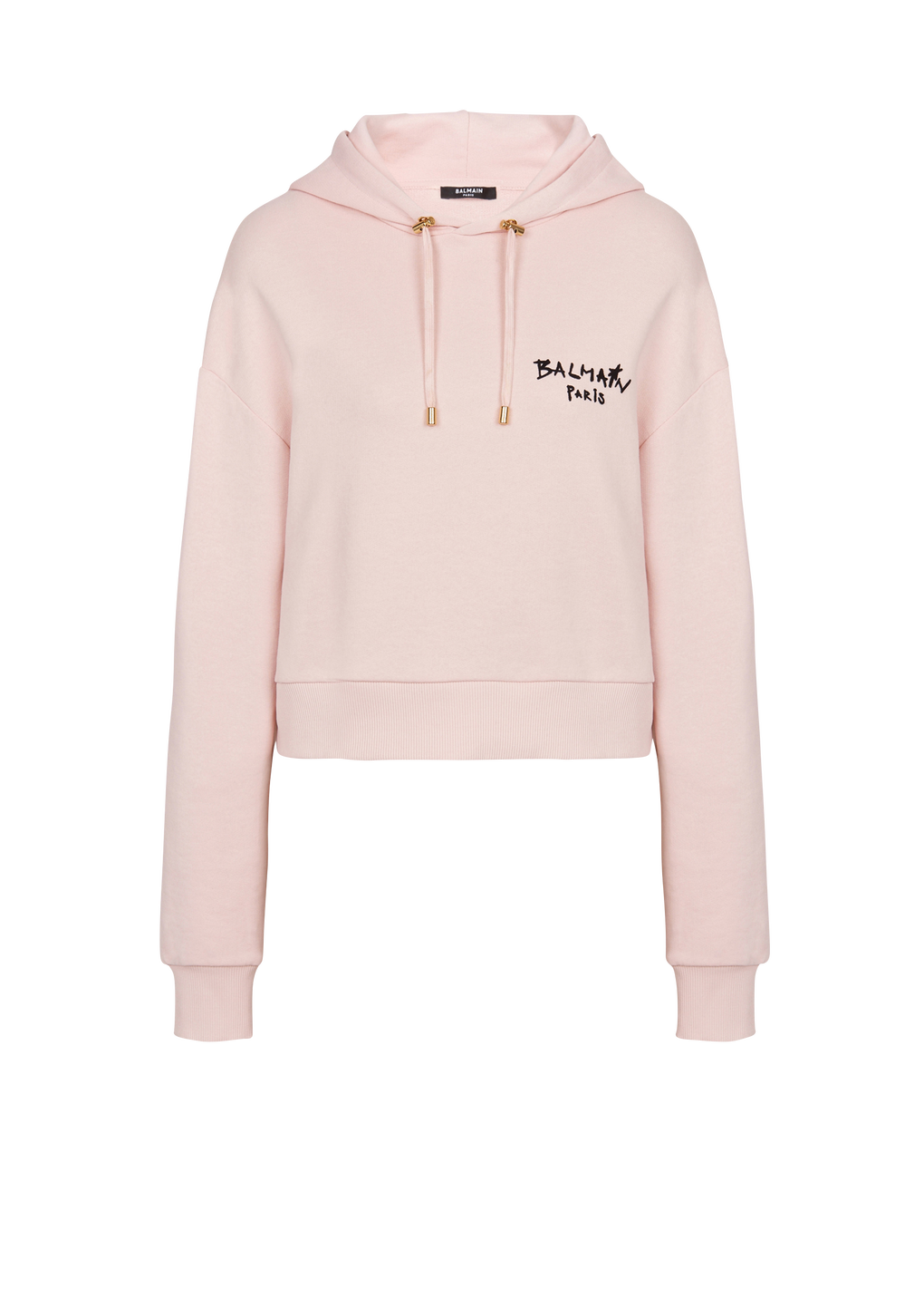 Cropped eco-design cotton sweatshirt with flocked graffiti Balmain logo, pink, hi-res
