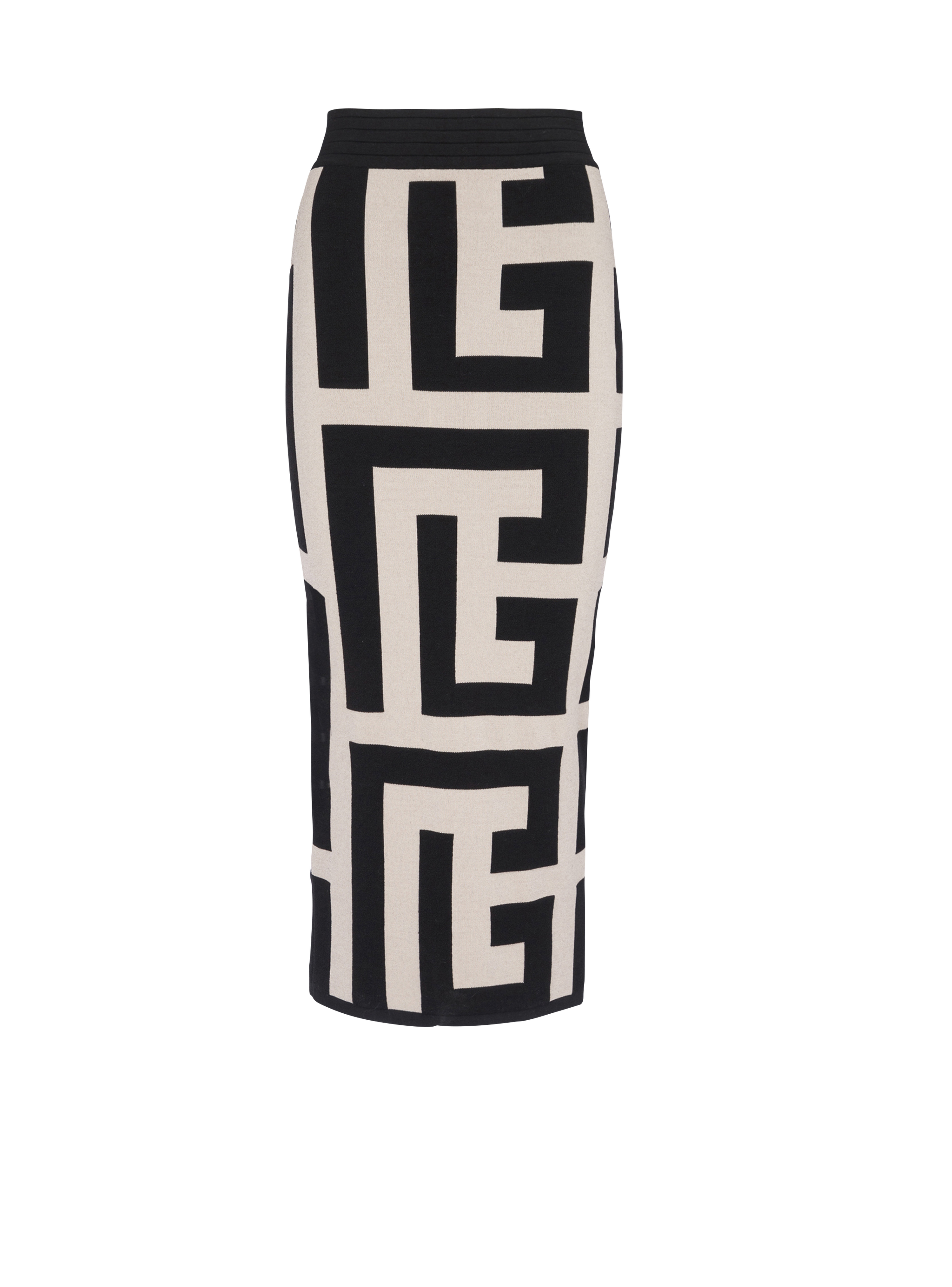 Mid-length knit skirt with maxi Balmain monogram print, black