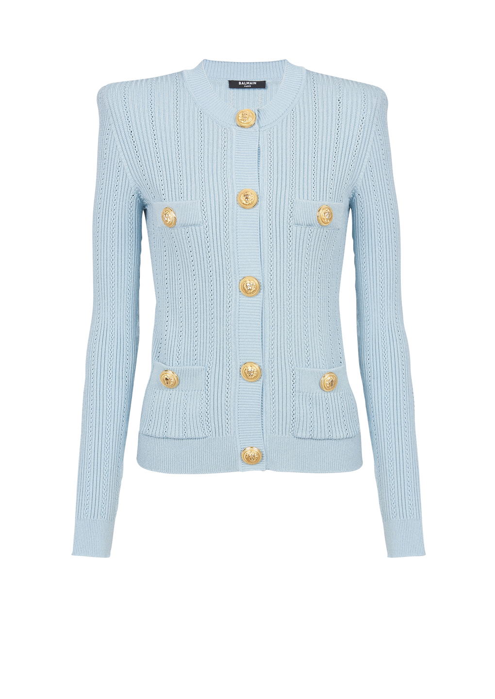 Cropped eco-designed knit cardigan with gold-tone buttons, blue, hi-res
