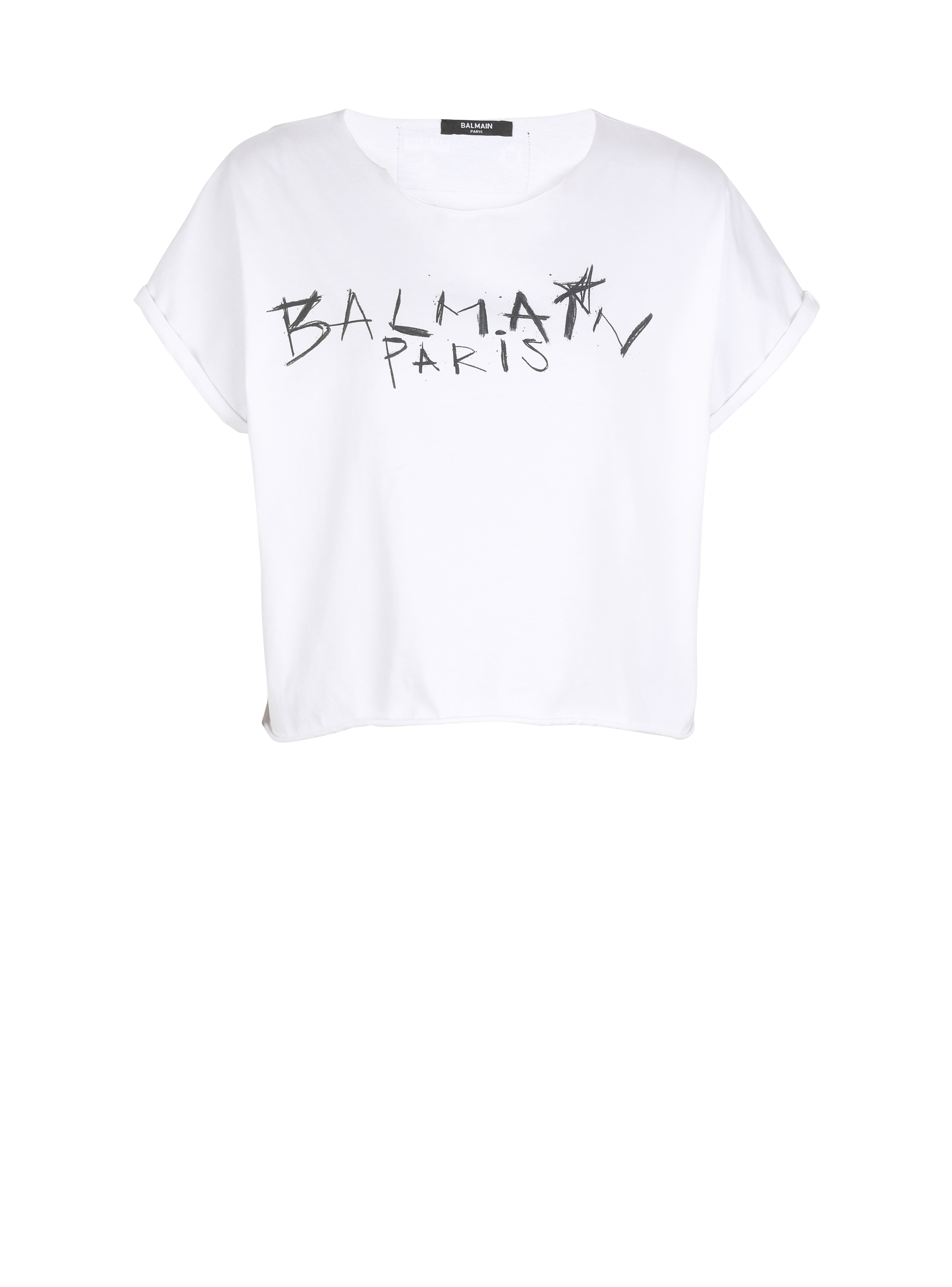 Cropped cotton T-shirt with Balmain graffiti print, white