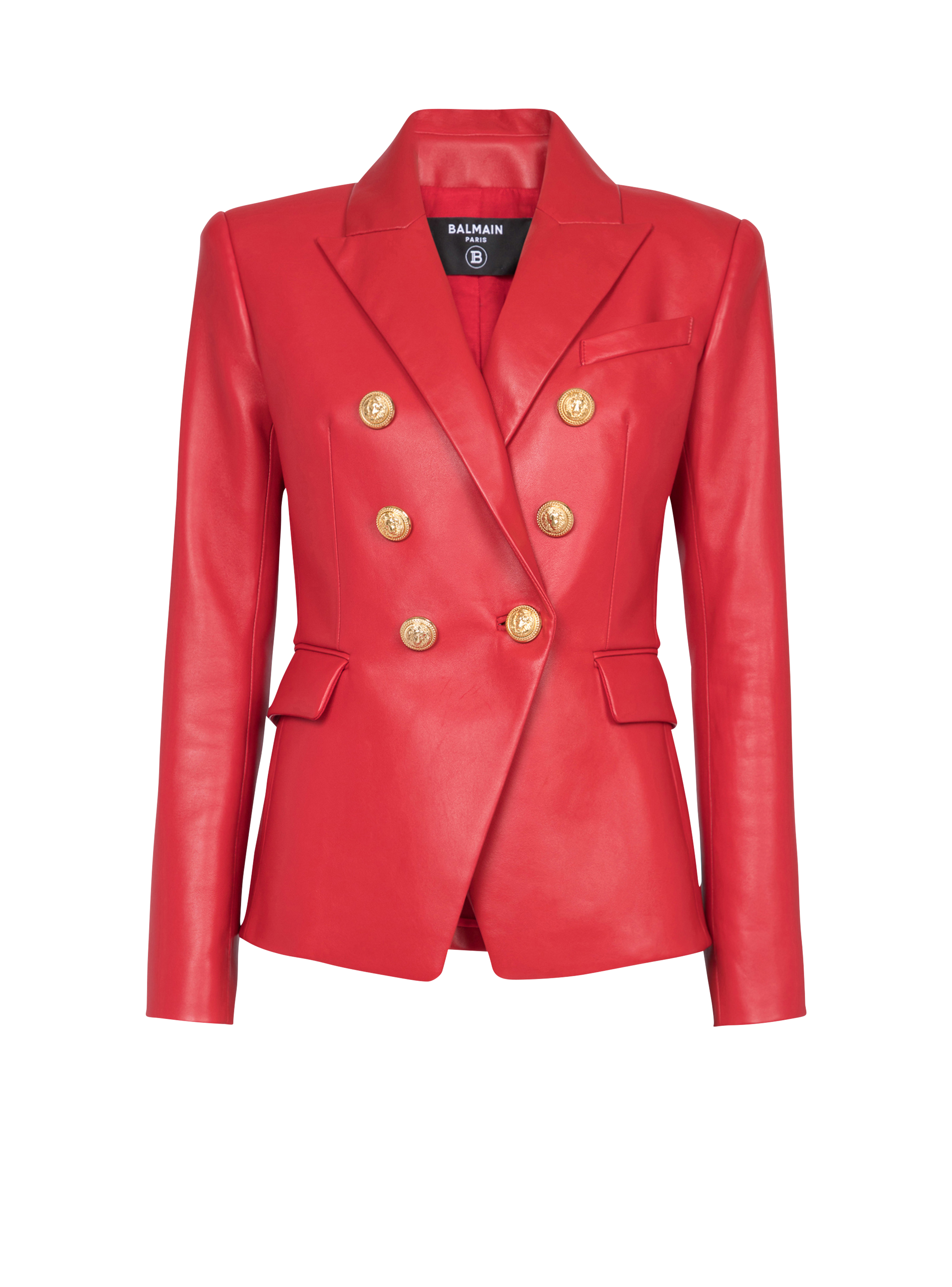 Double-breasted leather blazer, red