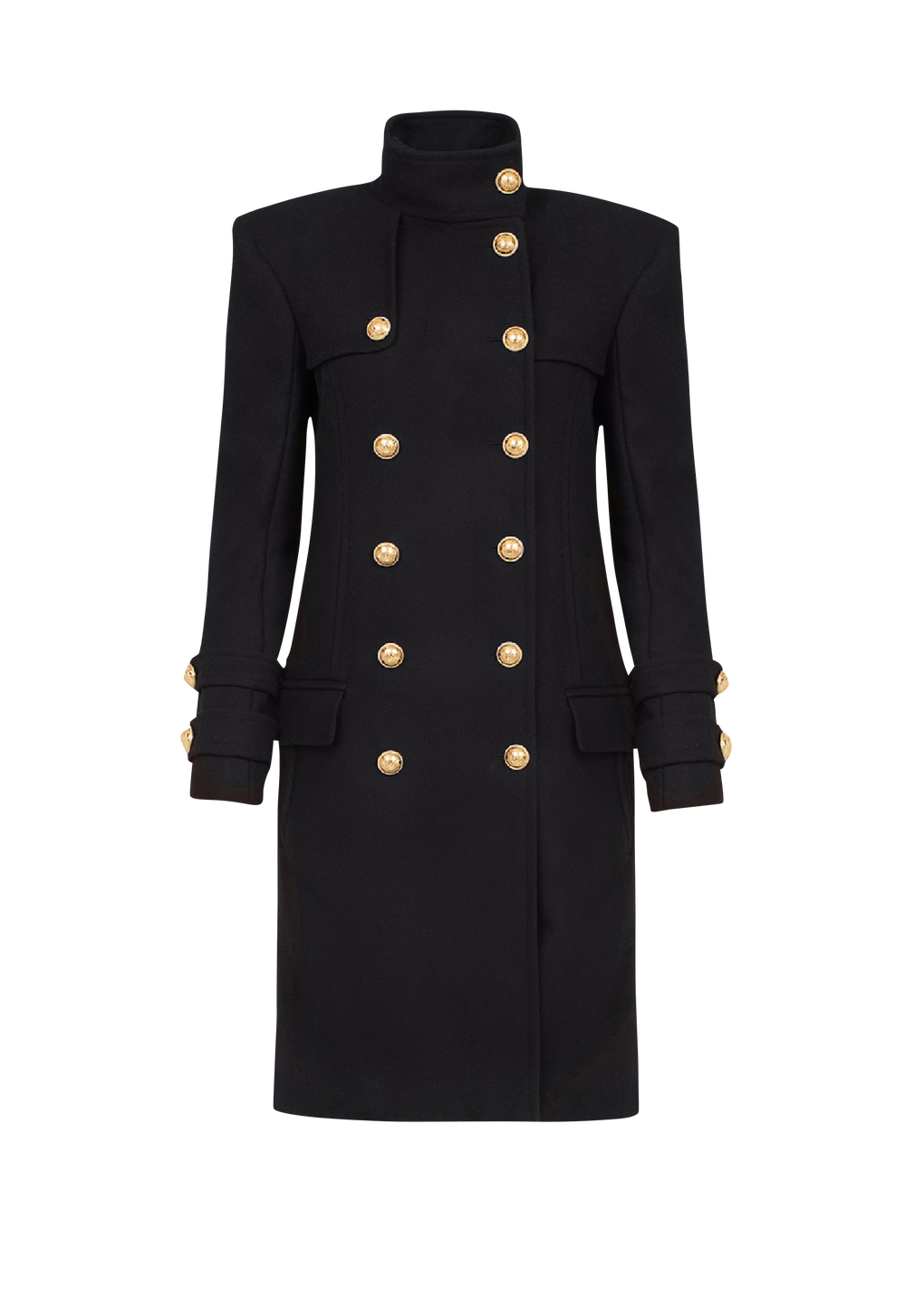 Long wool and cashmere coat with double-breasted gold-tone buttoned fastening, black, hi-res