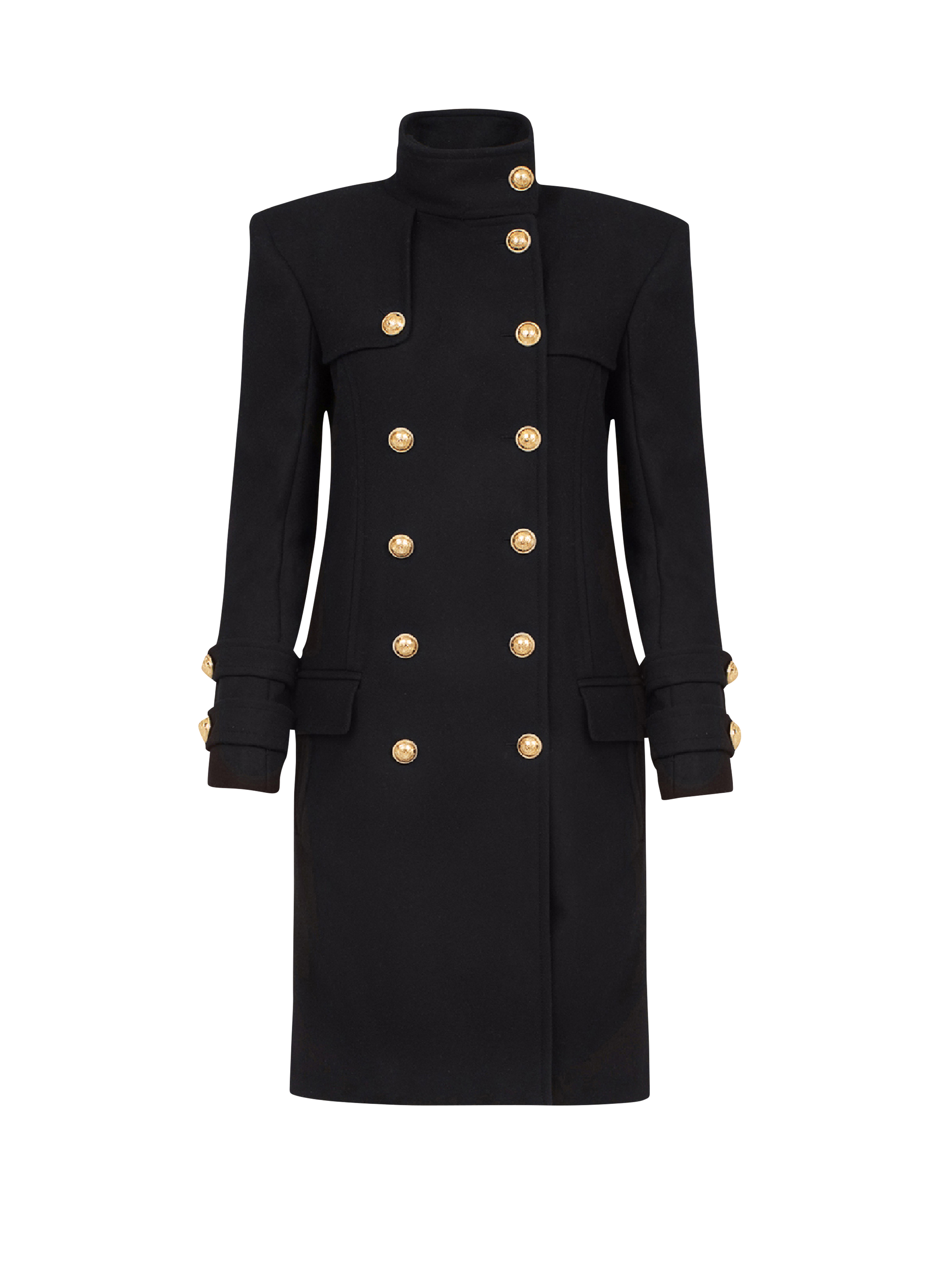 Long wool and cashmere coat with double-breasted gold-tone buttoned fastening, black