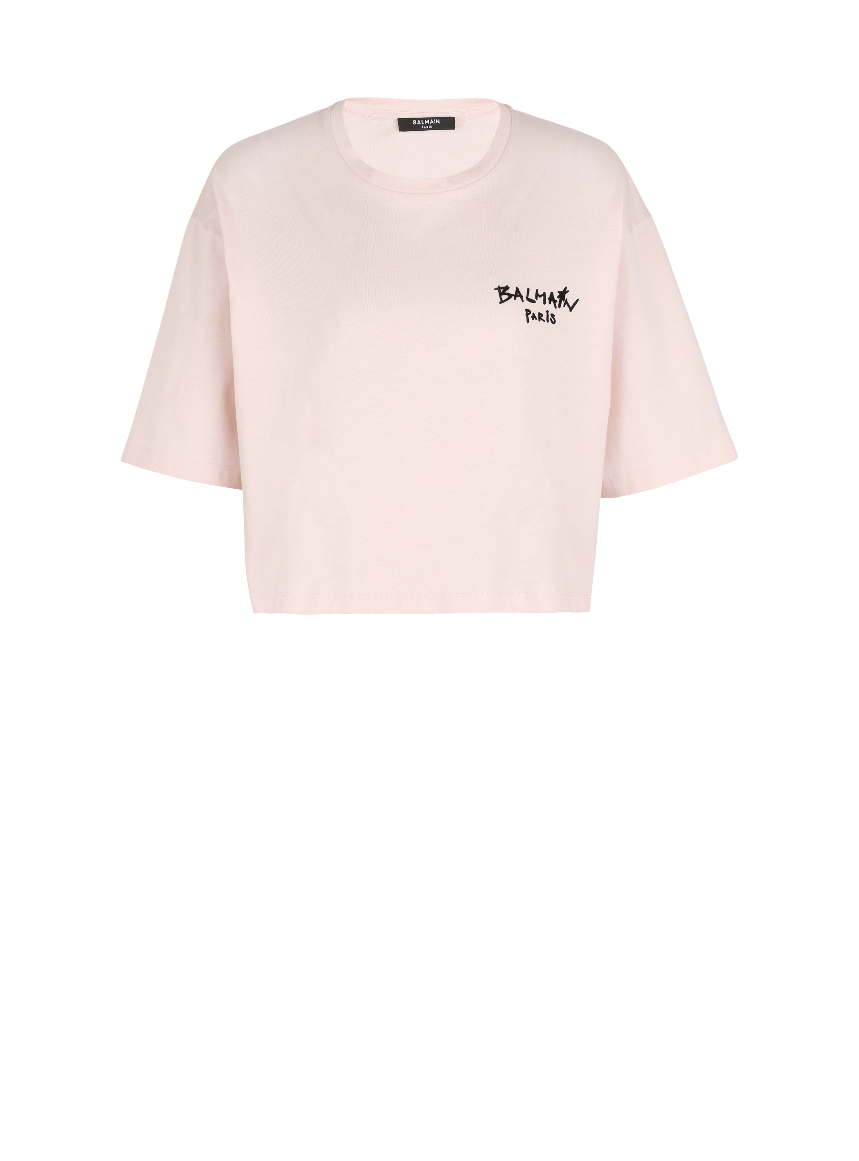 Cropped cotton T-shirt with small flocked graffiti Balmain logo, pink