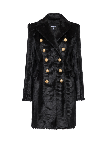 Long faux fur coat with double-buttoned fastening